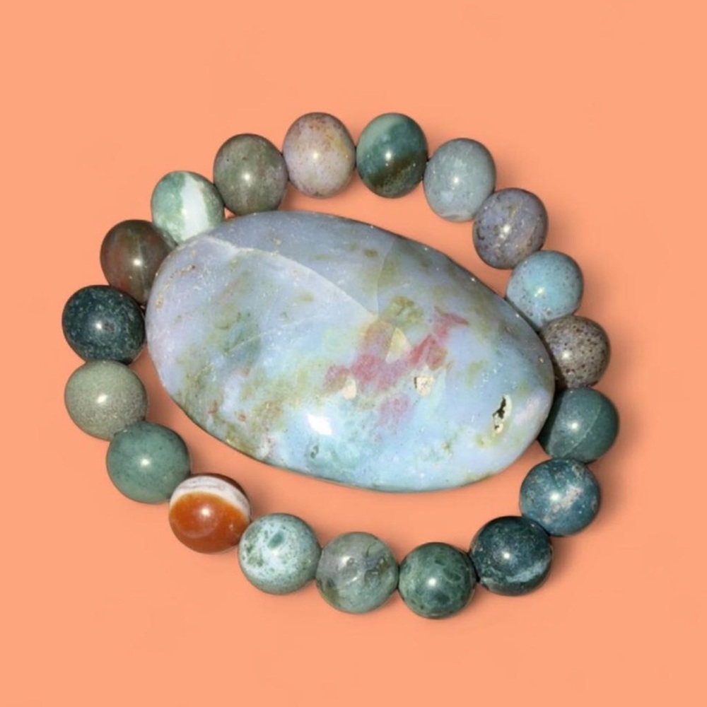 2PC Natural Ocean Jasper Gemstone Bracelet & Palm Stone💙